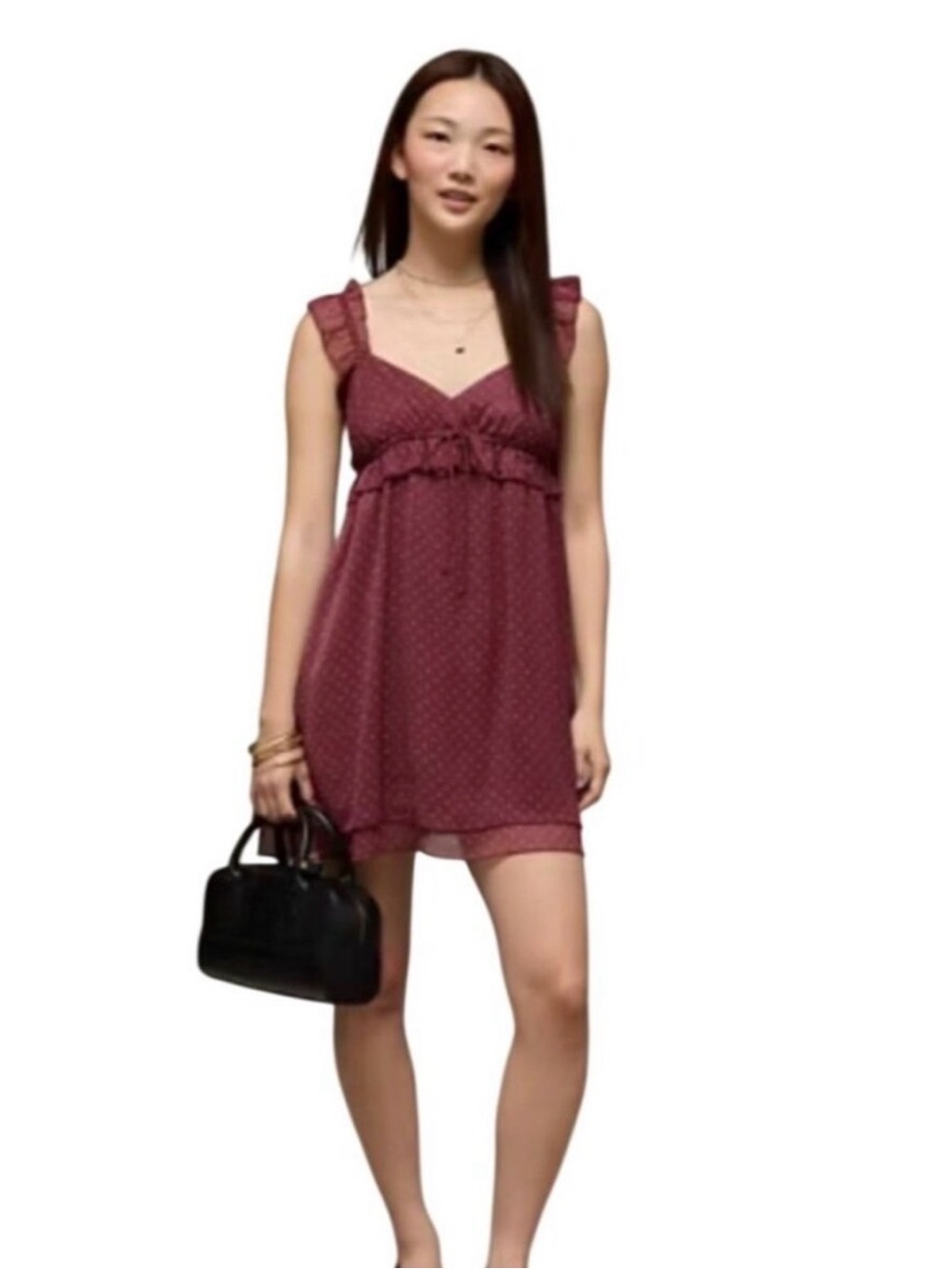 American Eagle Babydoll Dress Ruffle Mini Burgundy Polka Dot
Chiffon Preppy